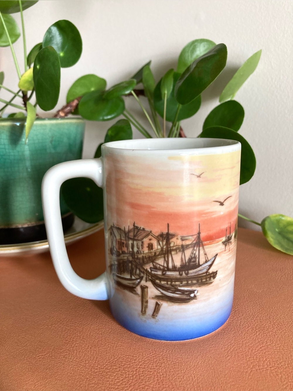 Vintage Otagiri Japan Fishing Boats Porcelain Mug - Nautical Coastal Harbor